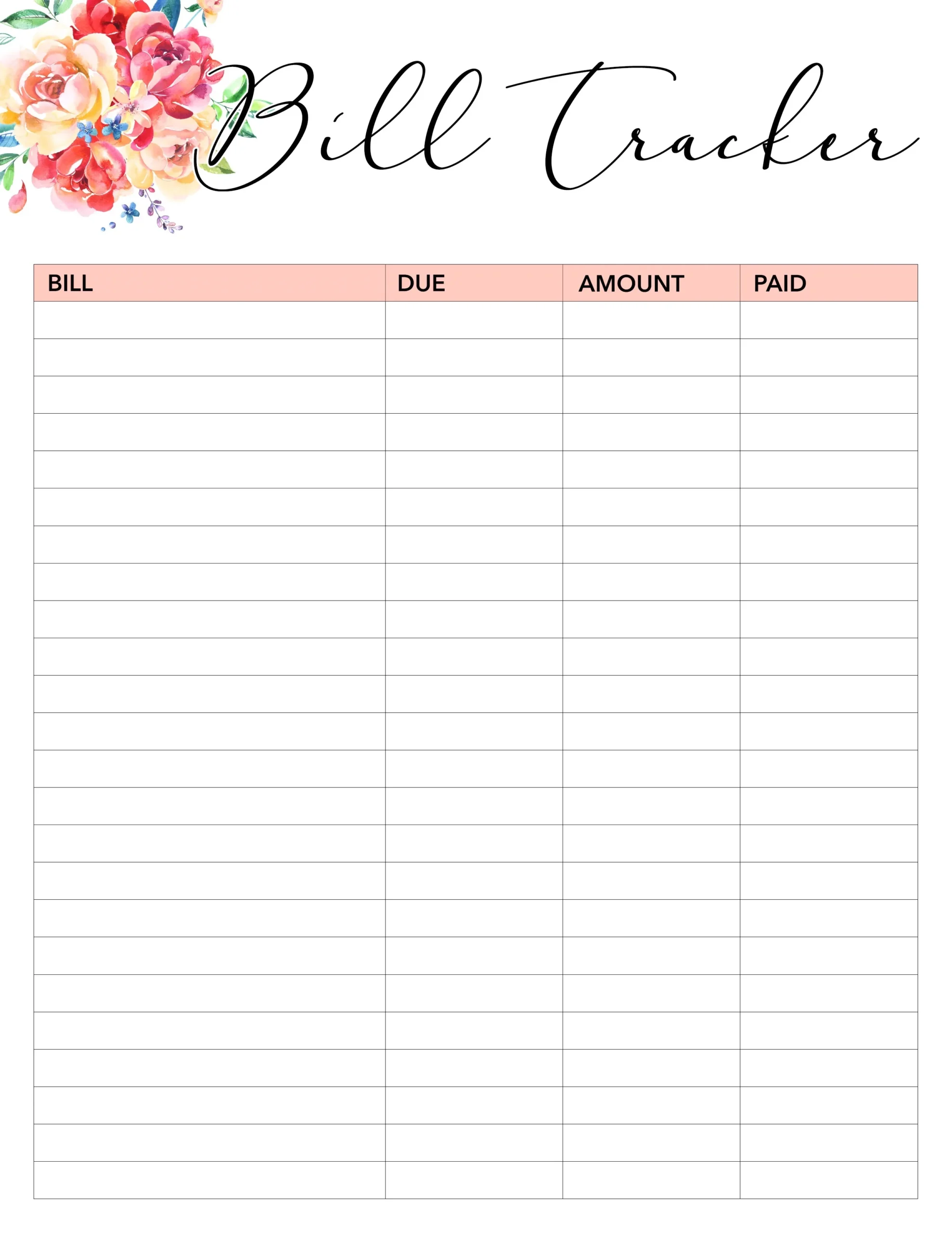 Monthly Bill Tracker Printable Printable Party Favors