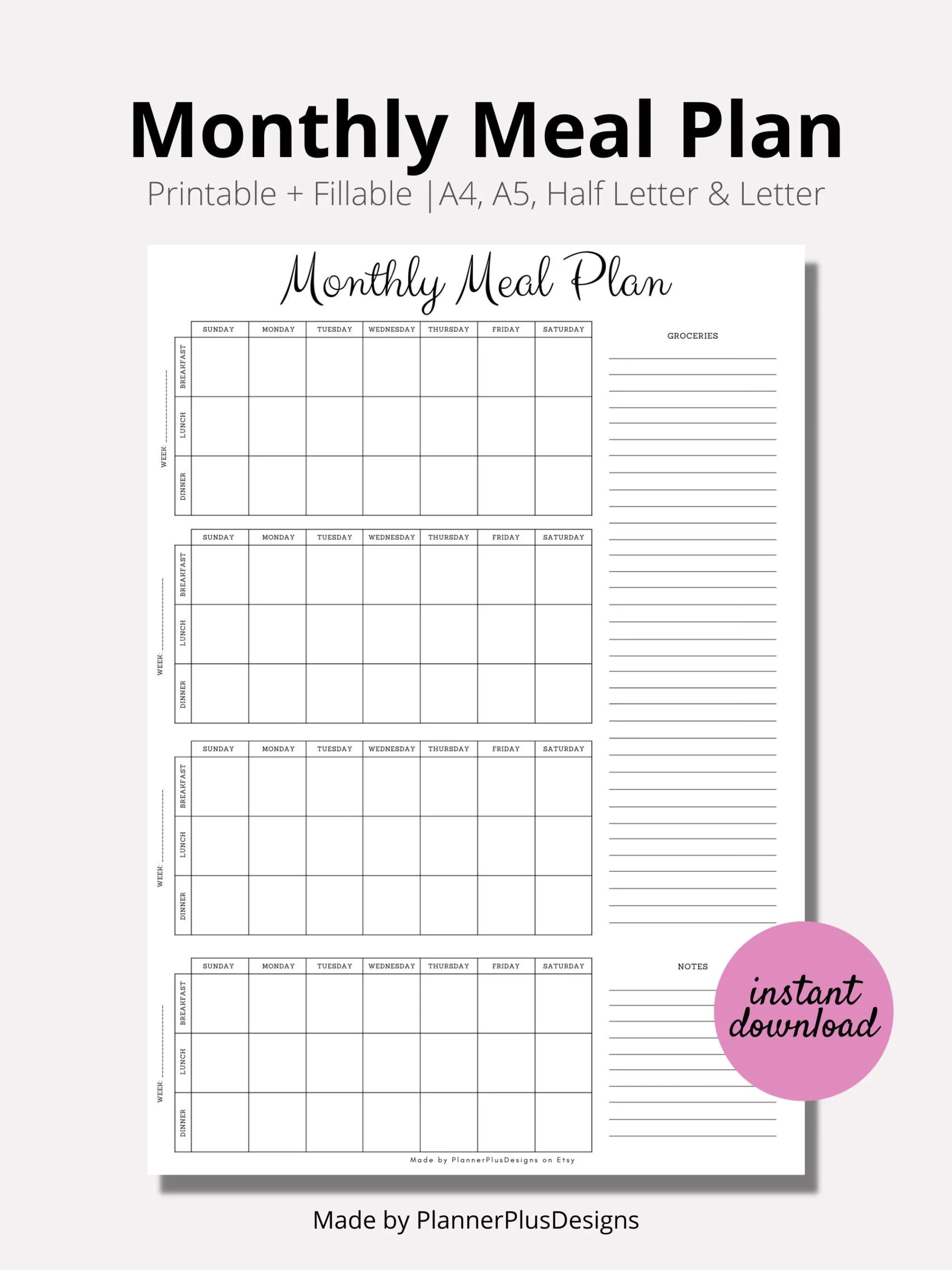 Printable Monthly Dinner Menu Planners