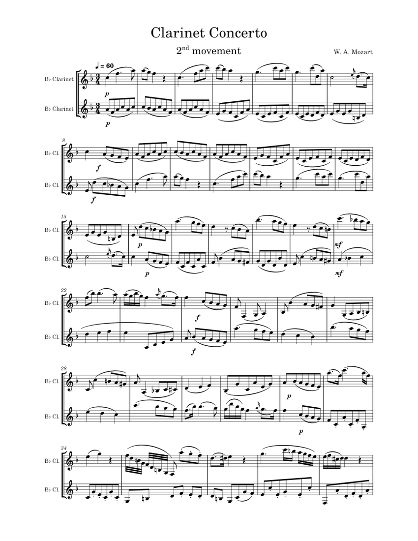 Mozart Clarinet Concerto Adagio 2 Clarinets Sheet Music For Clarinet In B flat Woodwind Duet MuseScore
