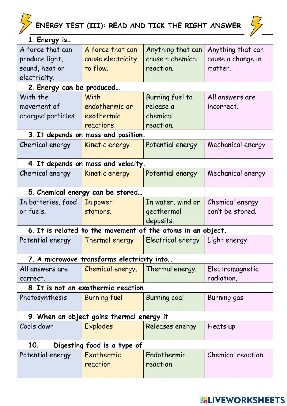 Grade 5 Science Energy Quiz Printable