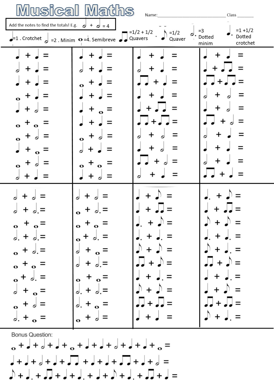 Musical Math Printable Sheets