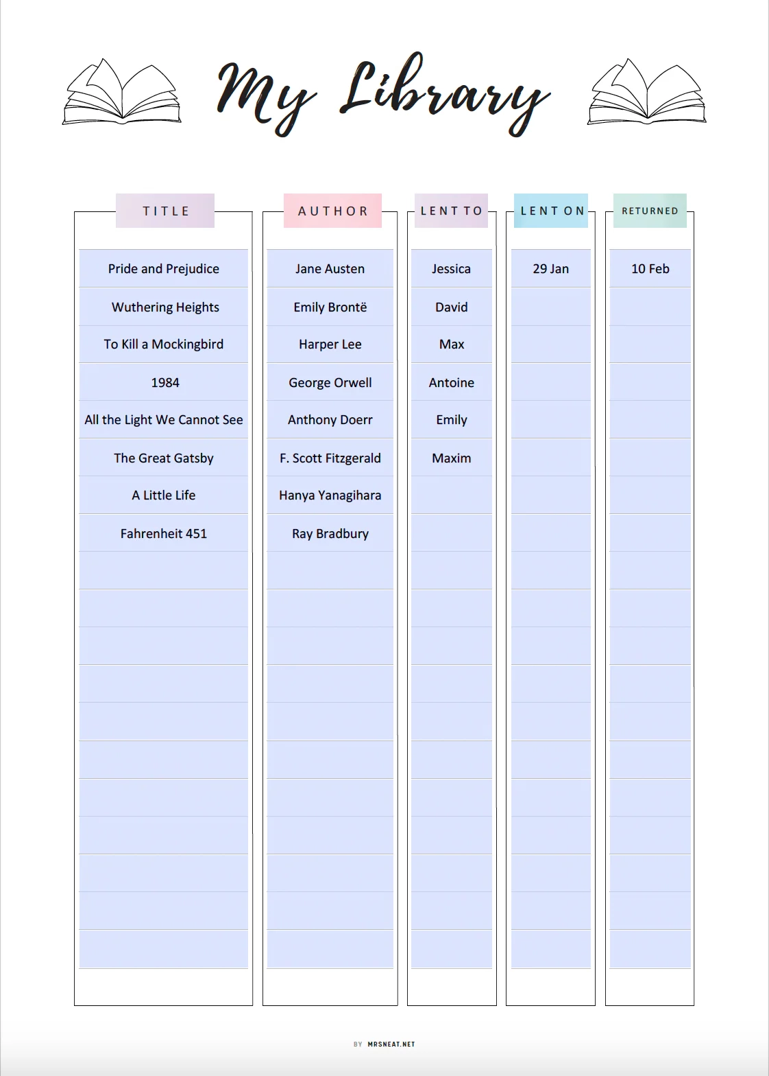 My Library Book Tracker Template Printable M432 Mrsneat
