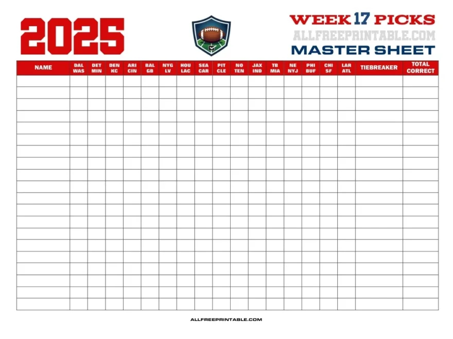 NFL Week 17 Pick em Master Sheet 2025 Free Printable