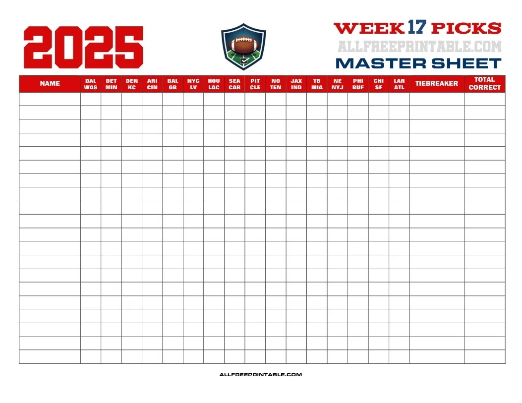 NFL Week 17 Pick em Master Sheet 2025 Free Printable