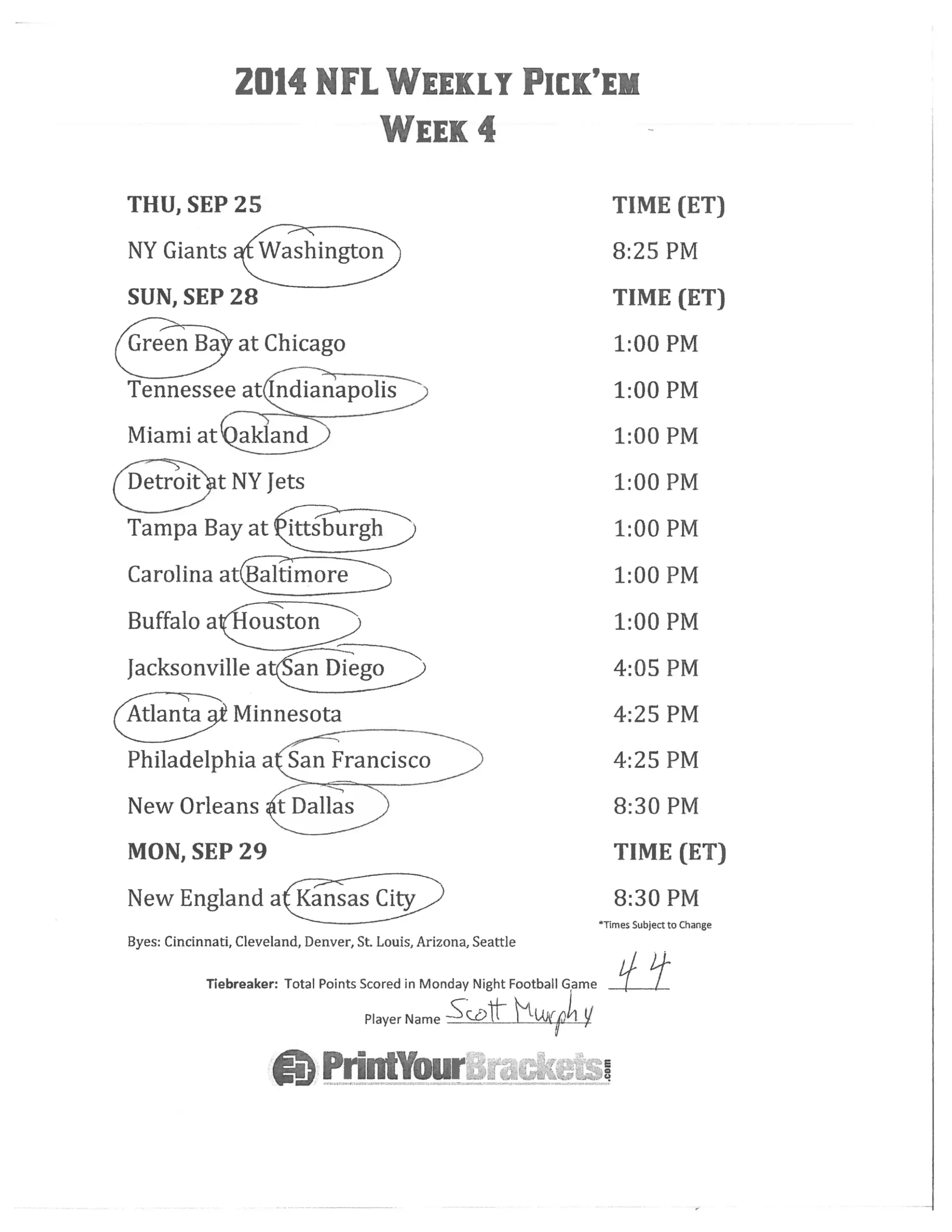 Nfl Printable Schedule Week 4