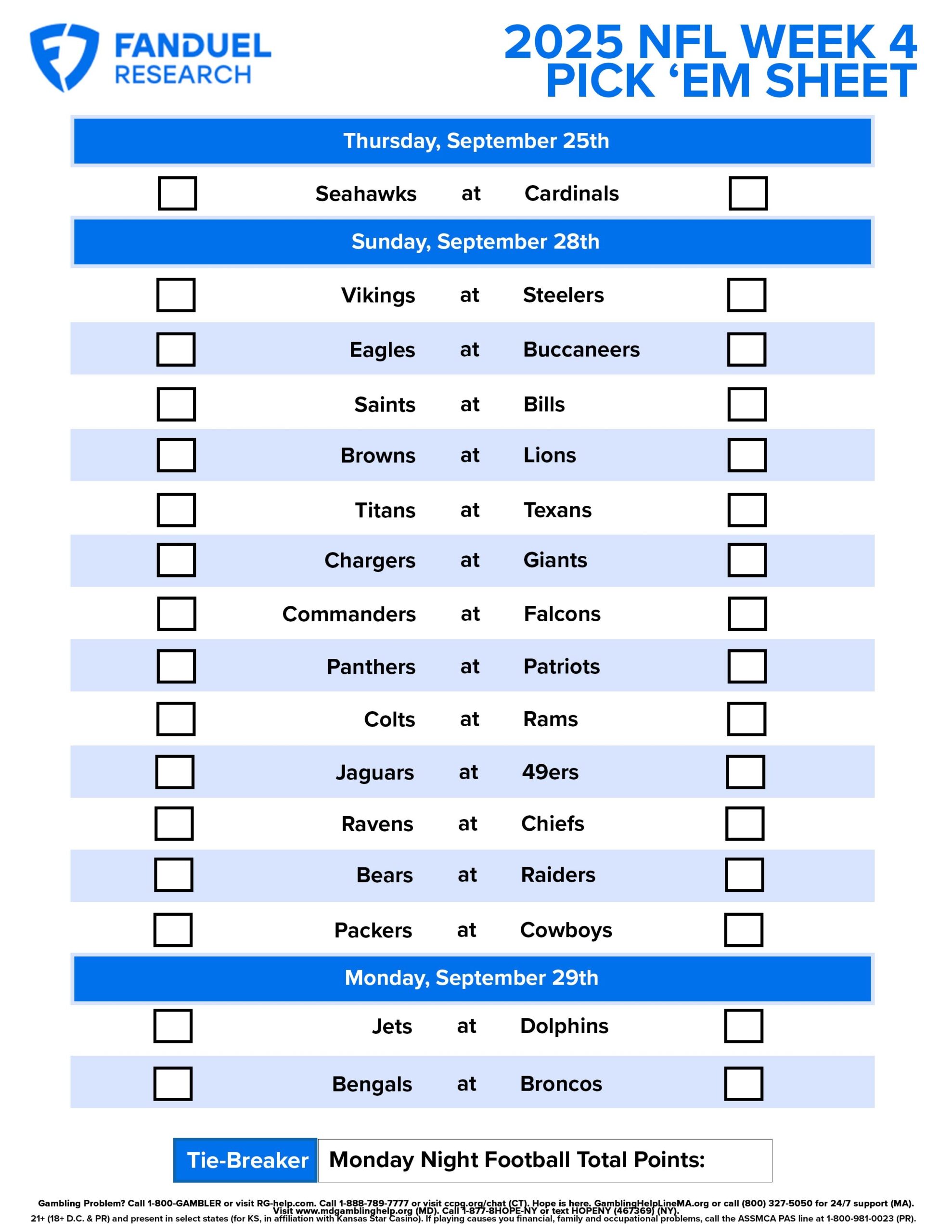 NFL Week 4 Pick Em Sheet Free Printable Schedule And Betting Odds FanDuel Research