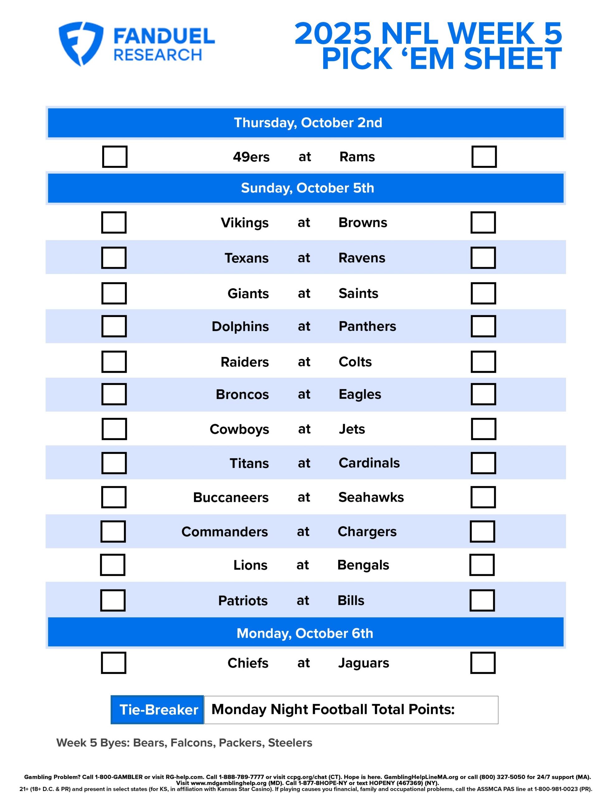 NFL Week 5 Pick Em Sheet Free Printable Schedule And Betting Odds FanDuel Research