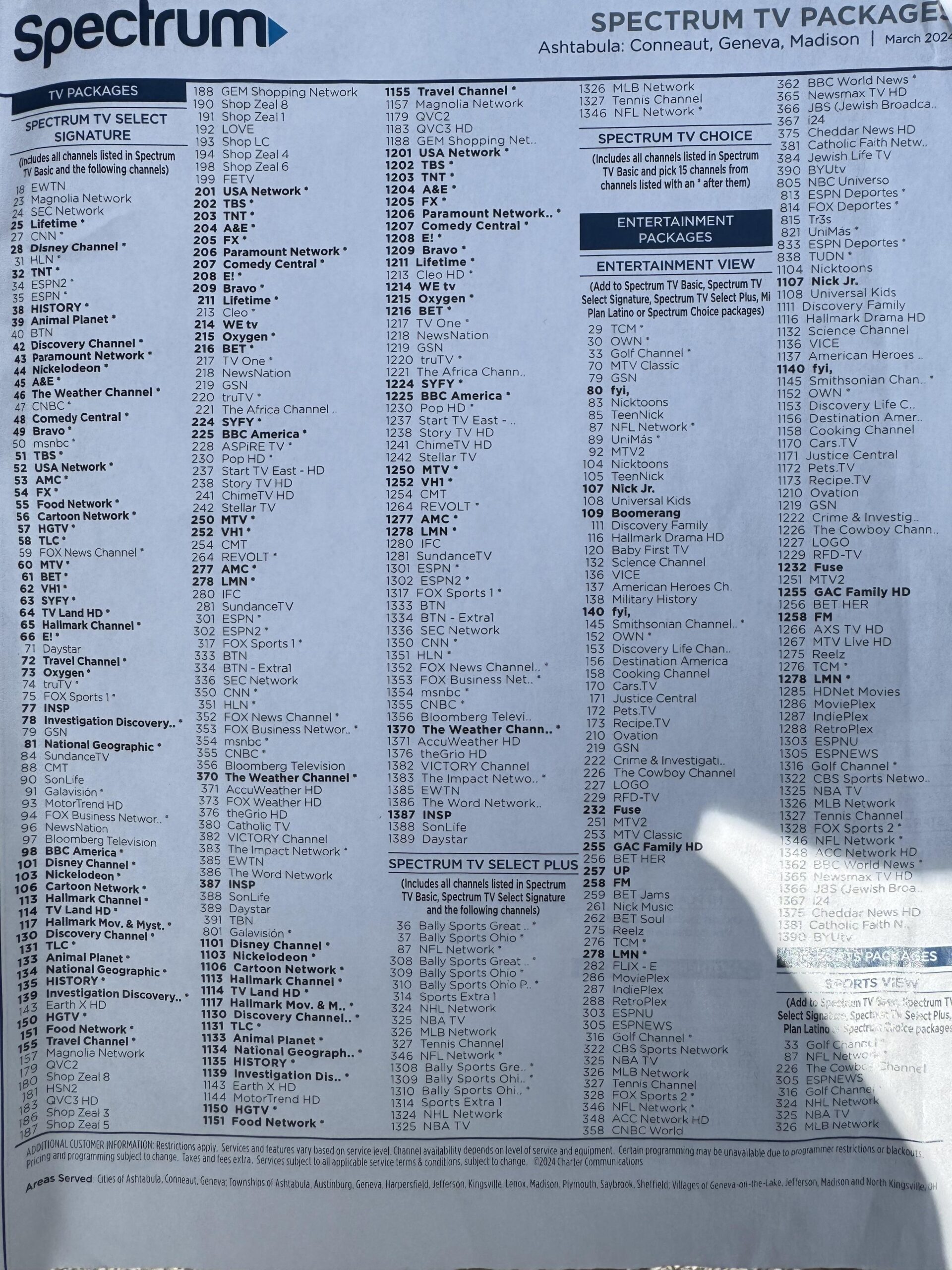 Charter Spectrum Printable Channel Guide