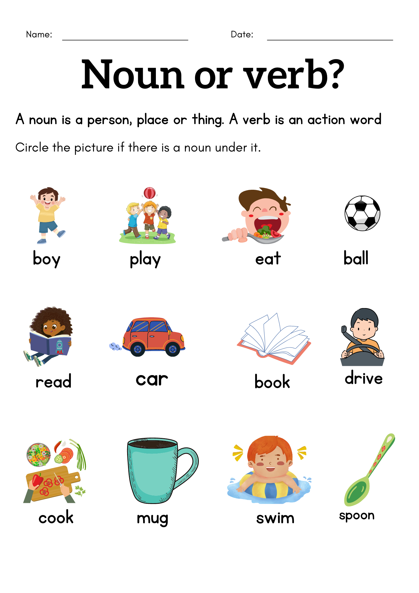 Noun And Verb Quiz Printable Kindergarten