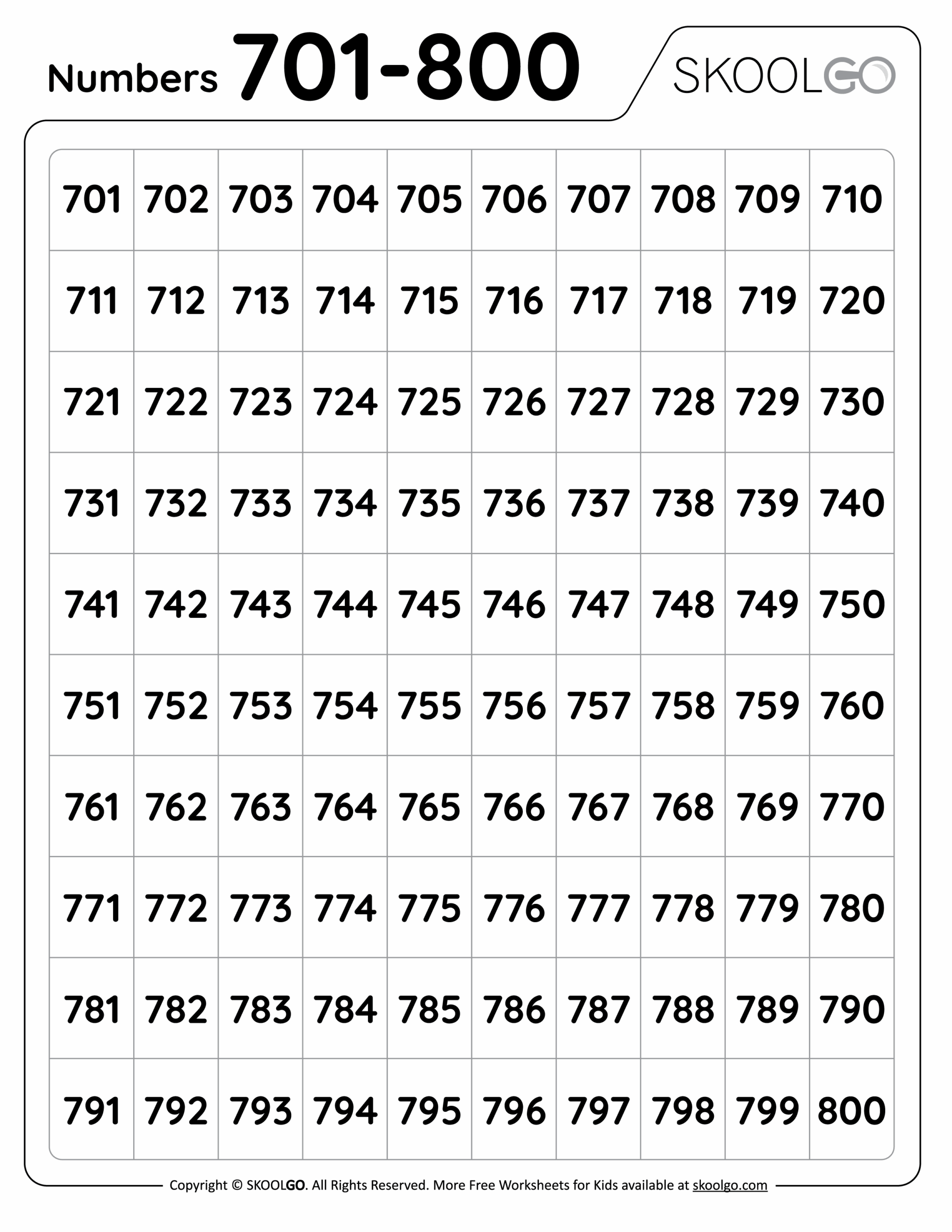 Numbers 701 To 800 Free Worksheet For Kids SKOOLGO