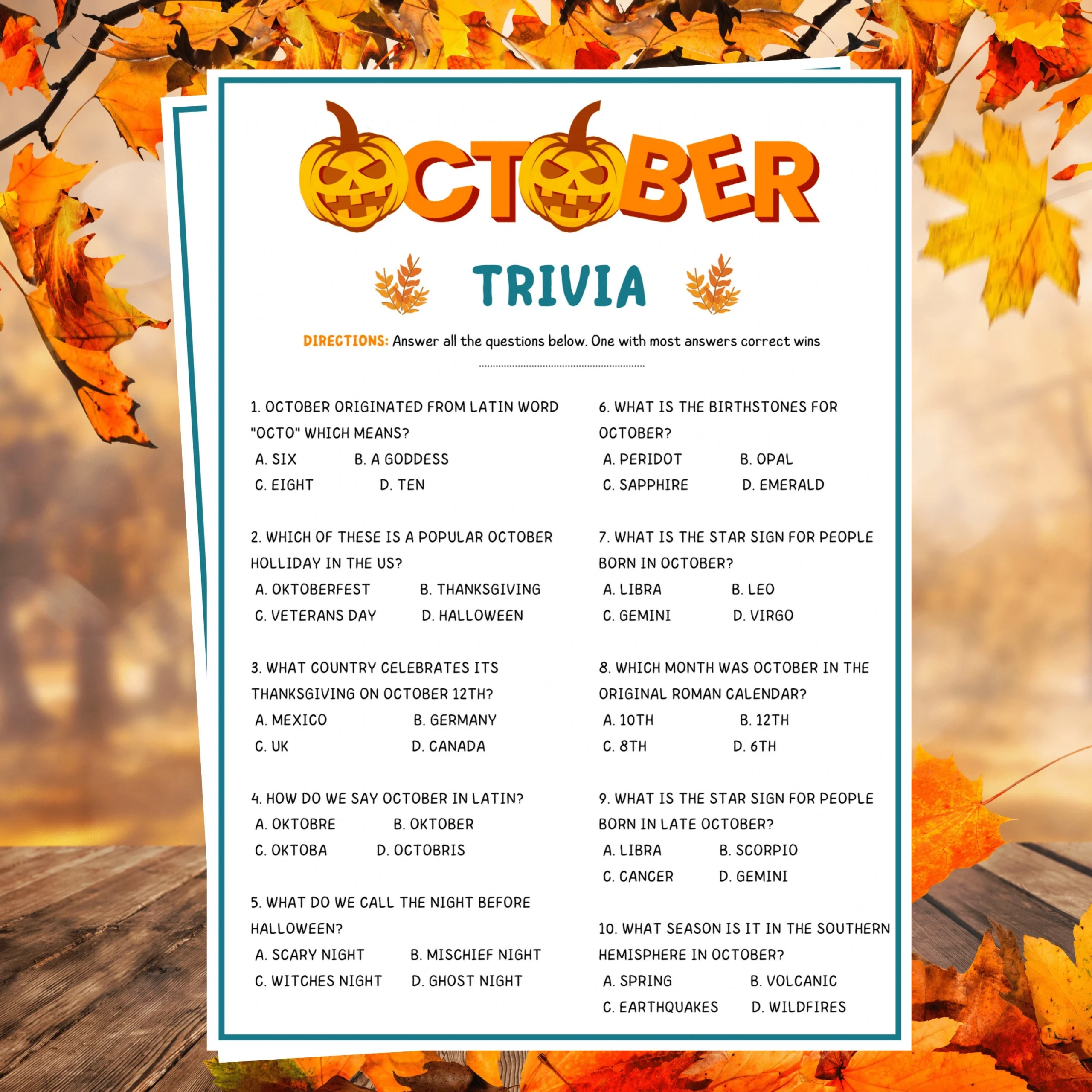 October Trivia October Games October Party Games October Birthday Games Fall Games Thanksgiving Games Halloween Games Etsy
