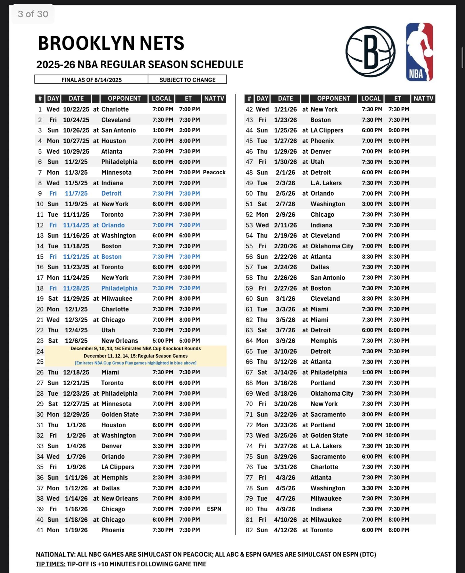 Official 2025 2026 Schedule First Game Vs The Hornets Home Opener Vs The Cavs R GoNets