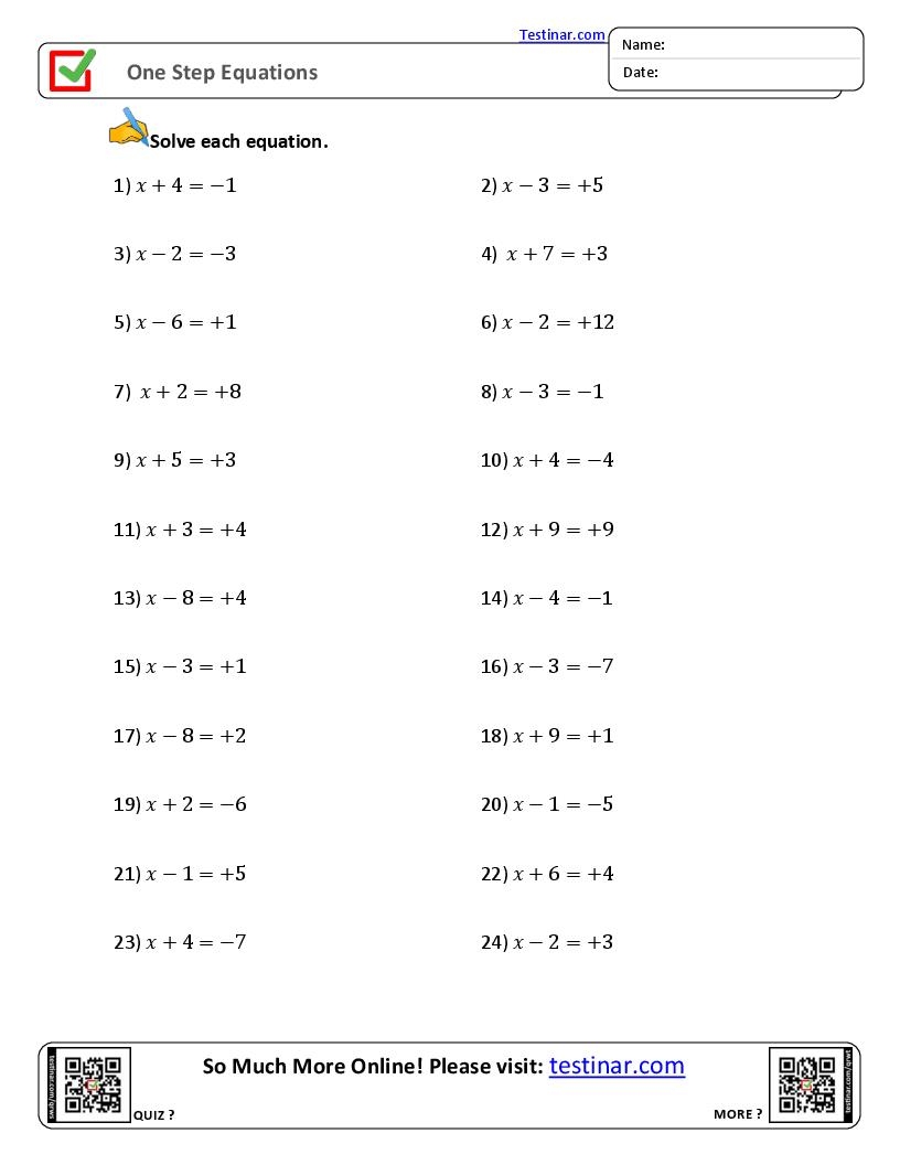 One Step Equations Quiz Printable