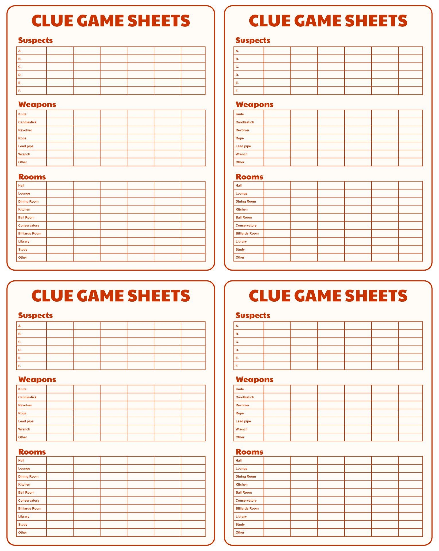 Clue Score Sheets Printable