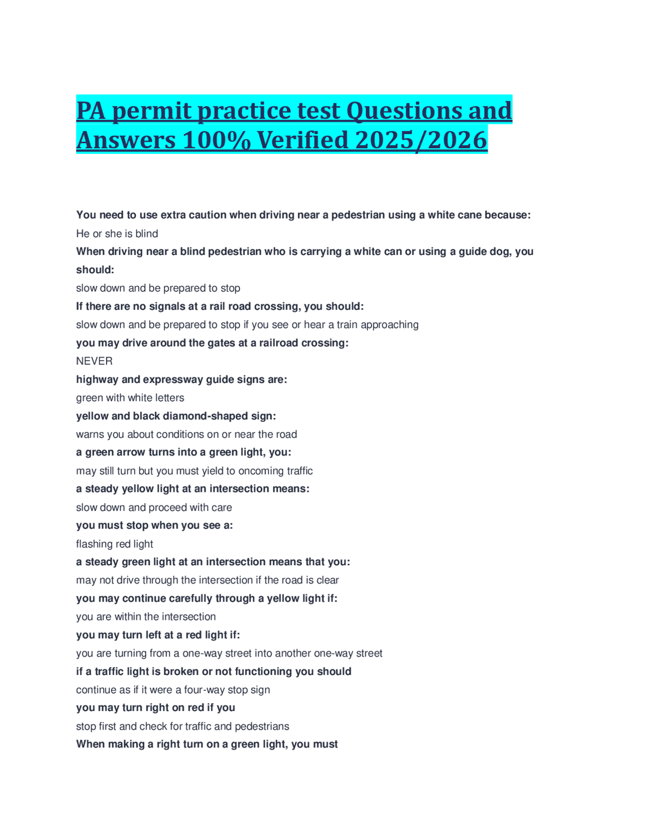 PA Permit Practice Test Questions And Answers 100 Verified 2025 2026 Exams Law Docsity