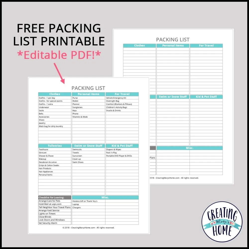 Camping List Free Printable Edible
