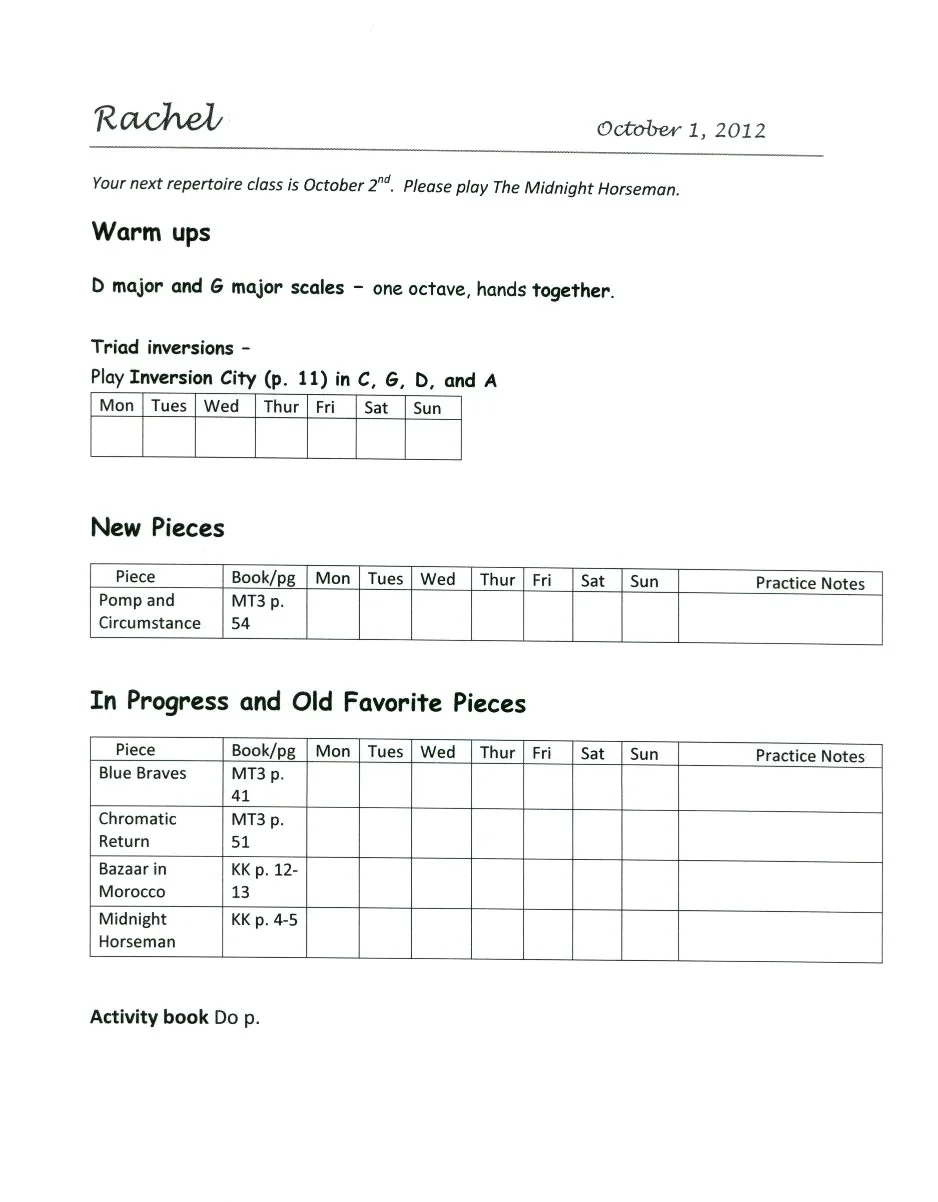 Piano Assignment Sheets Ashley Danyew