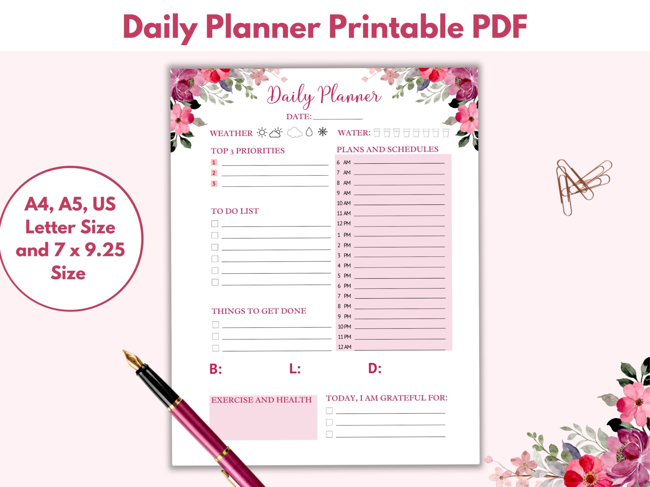 Planner Printable Hourly Floral Planner Printable Beautiful Planner Daily Planner Template A4 A5 US Letter 7 X 9 25 Botanical Etsy