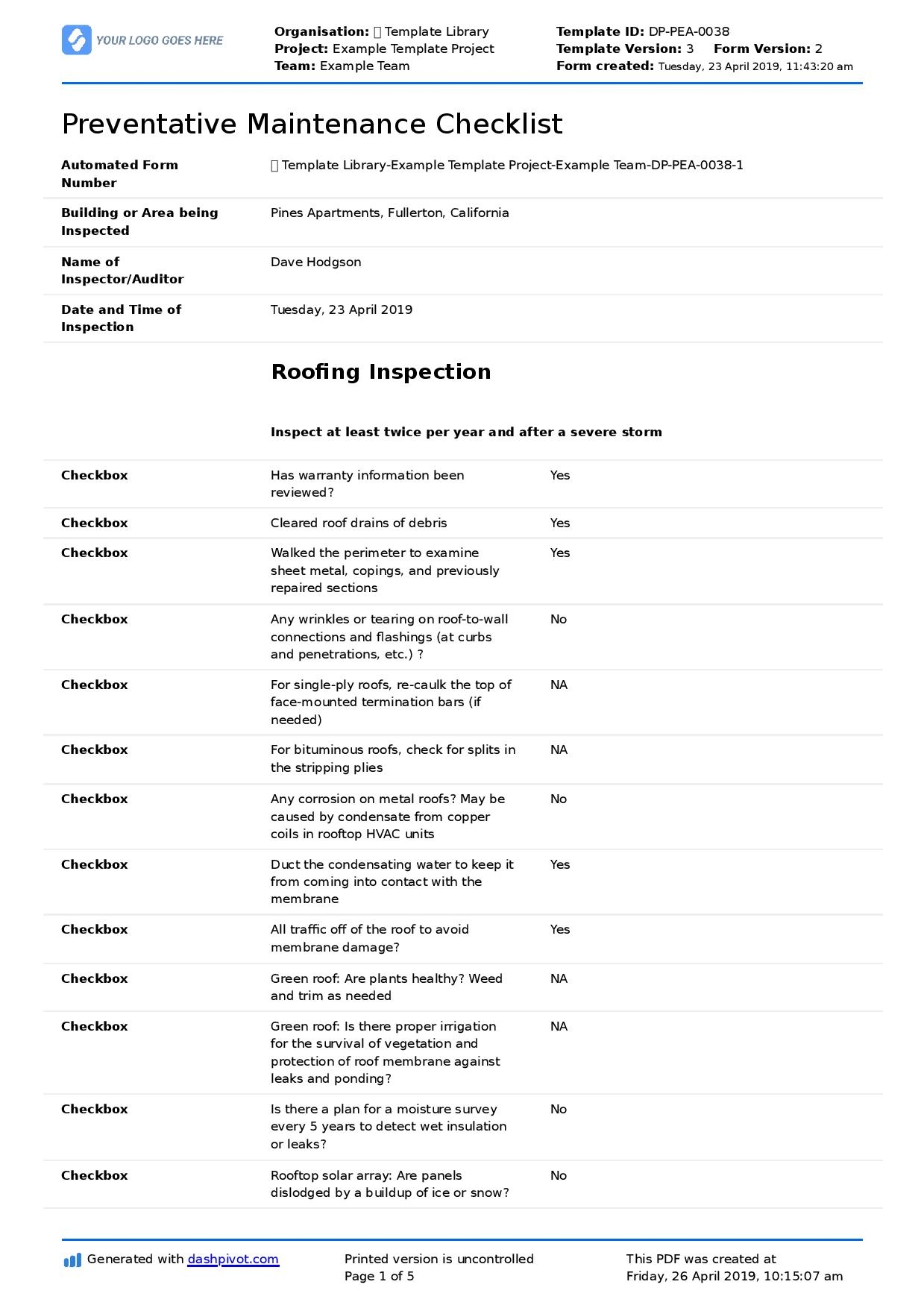 Preventative Maintenance Checklist For Buildings Free And Editable 