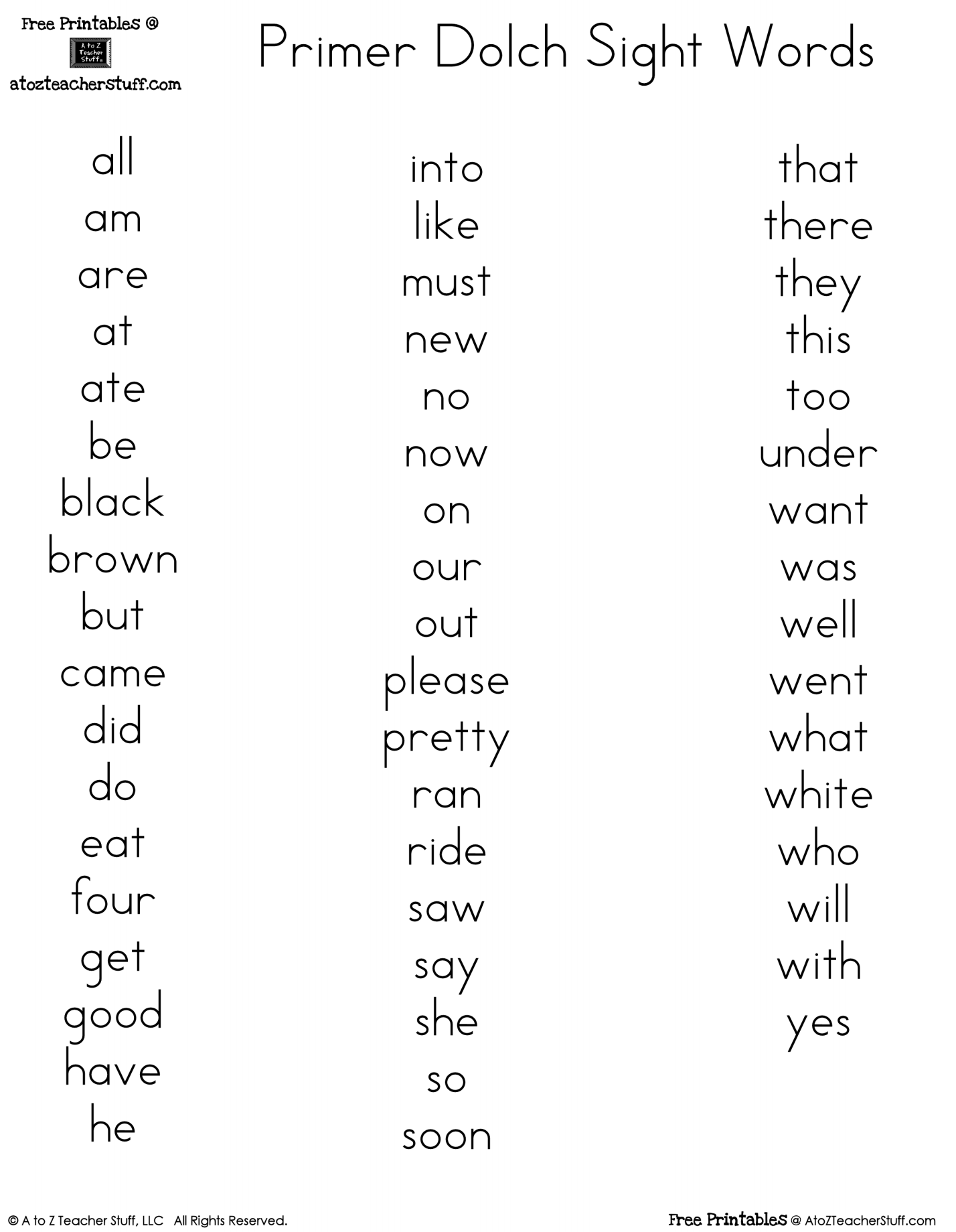 Primer Dolch Sight Word Printables A To Z Teacher Stuff Printable Pages And Worksheets