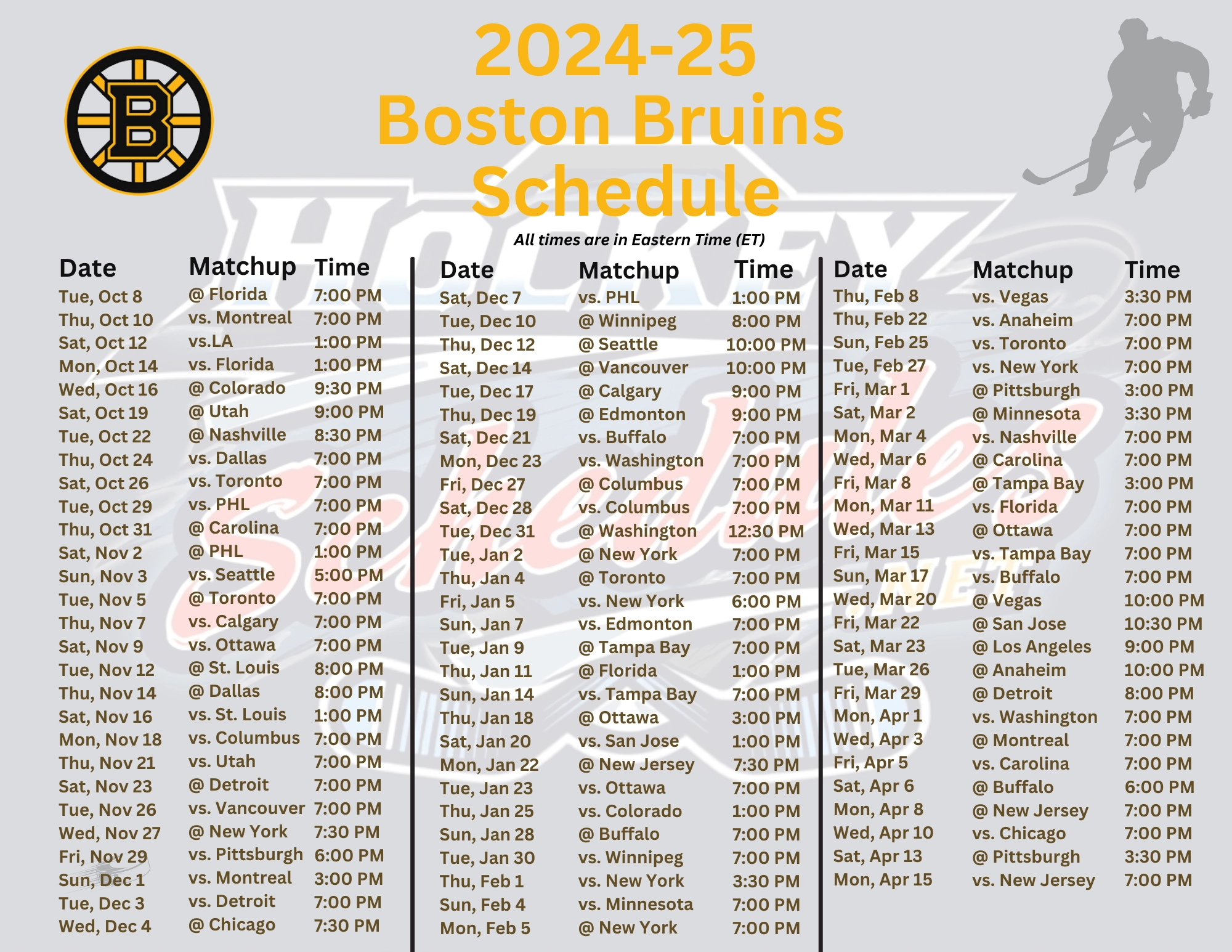 Bruins Schedule 2025-26 Printable