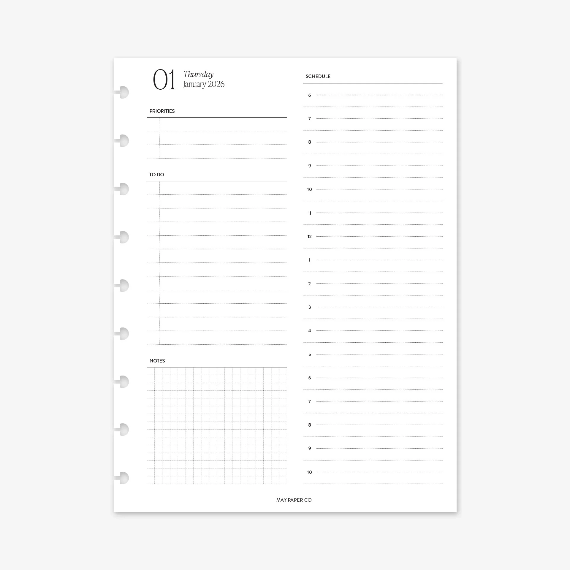 PRINTABLE 2026 DO1P Daily With Half Hourly Schedule Inserts MAY PAPER CO 