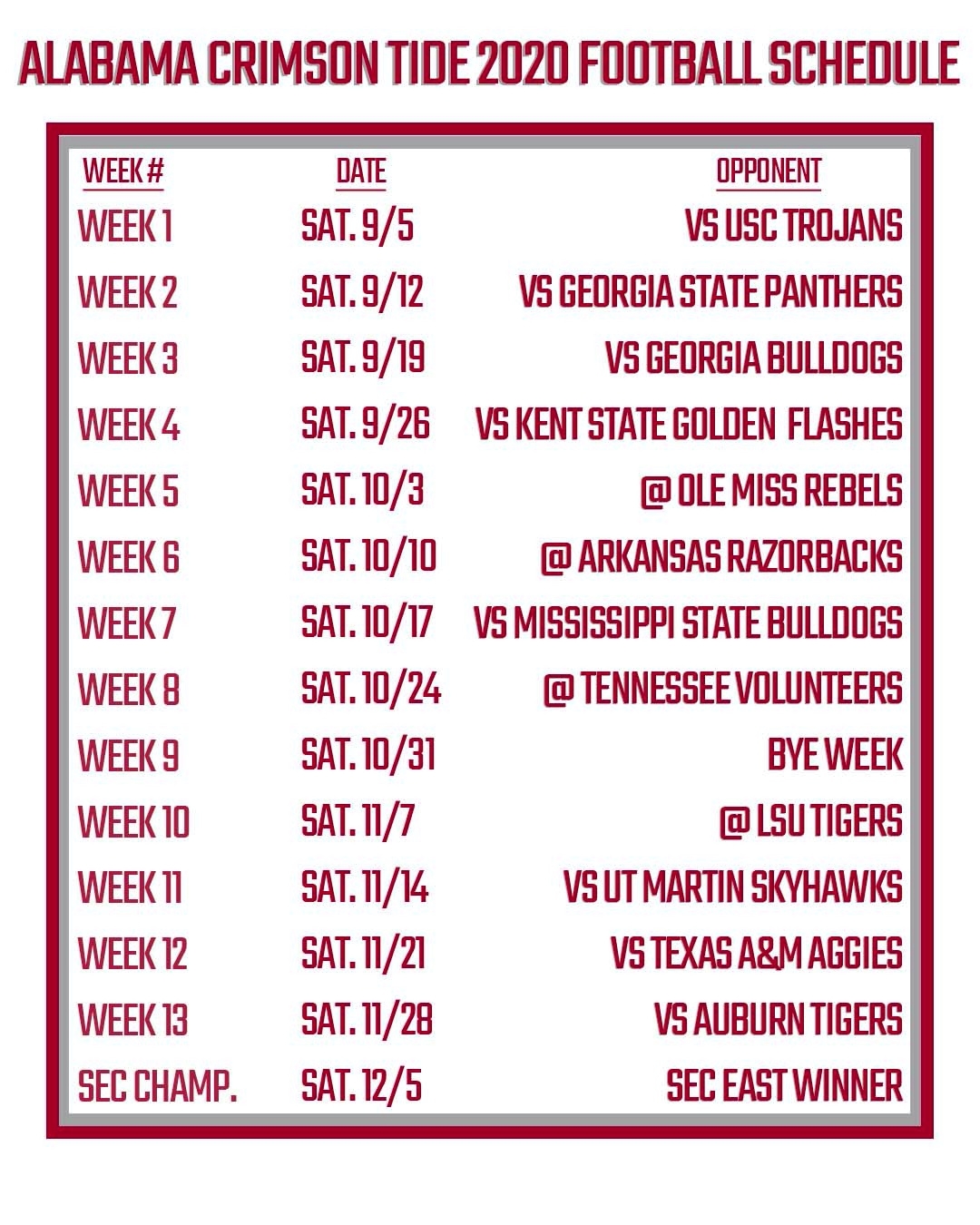 Printable Alabama Football Schedule 2020 FanDuel Research