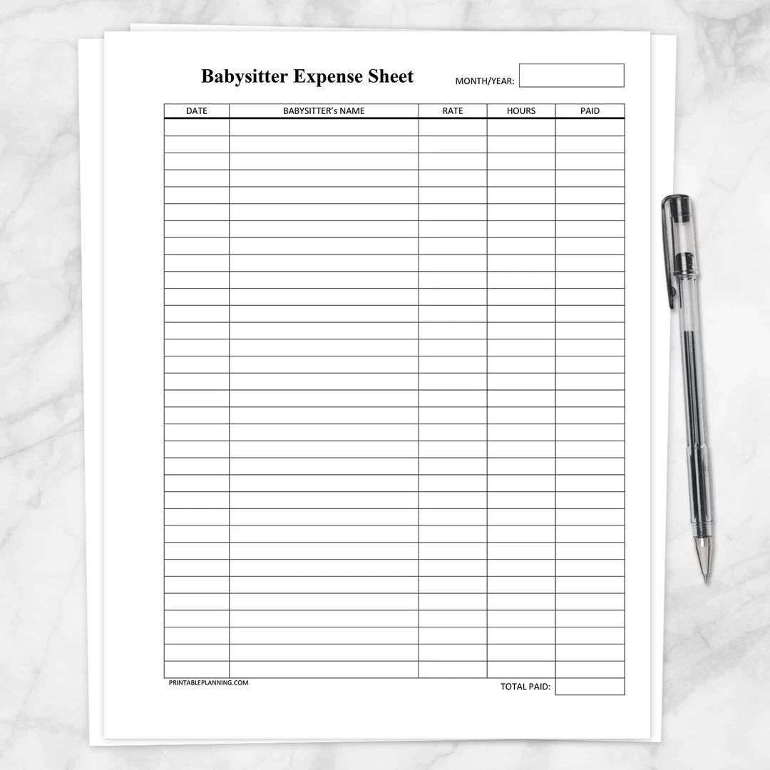 Printable Babysitter Expense Sheet Monthly Babysitter Or Child Care Payment Log Instant Download Etsy