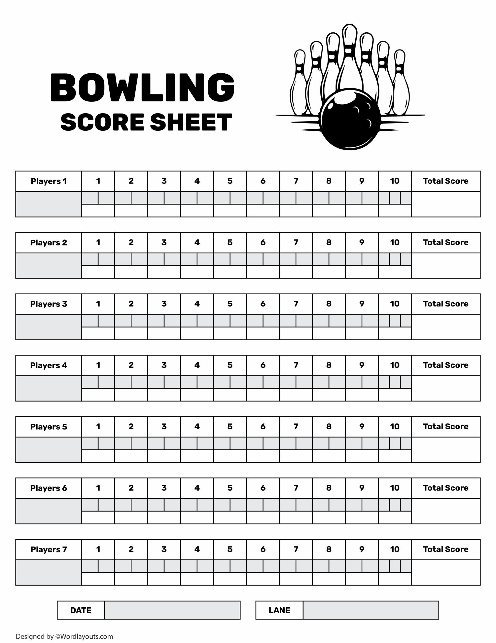 Printable Bowling Score Sheet Template WordLayouts