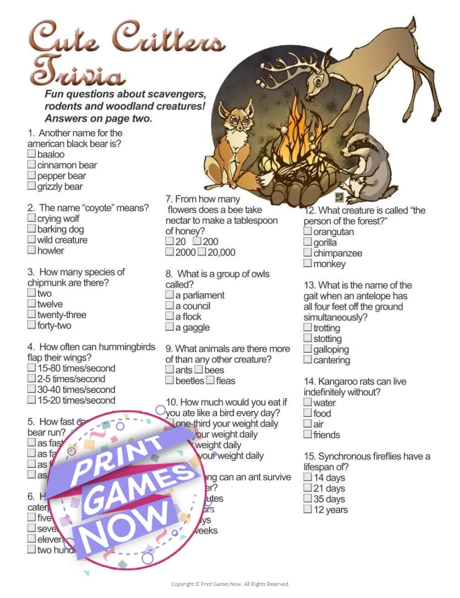 Printable Camping Games Cute Critter Trivia Party Game Print Games Now