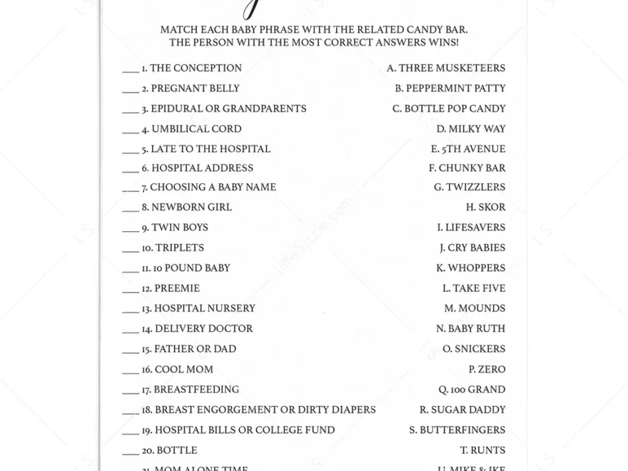 Printable Candy Bar Match Baby Shower Game Black White LittleSizzle