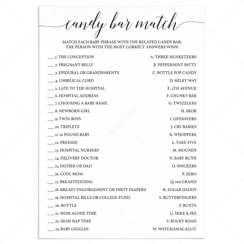 Printable Candy Bar Match Baby Shower Game Black White LittleSizzle Printable Candy Bar Match Baby Shower Game Black White LittleSizzle