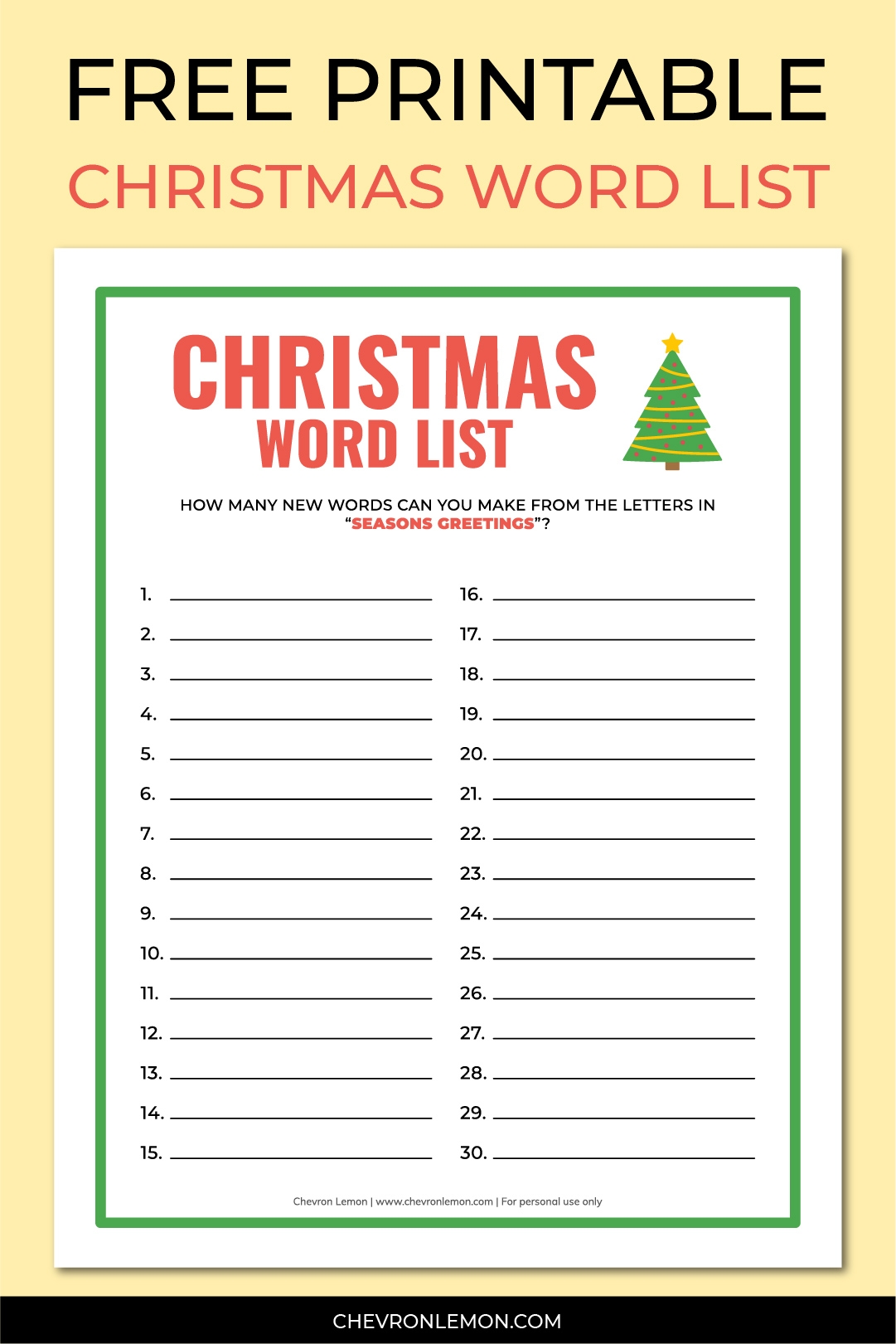 Christmas Word Lists Printable
