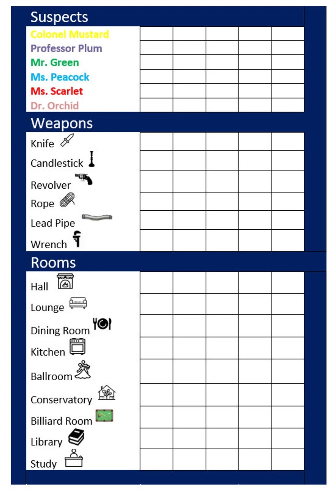 Clue Game List Printable Sheets