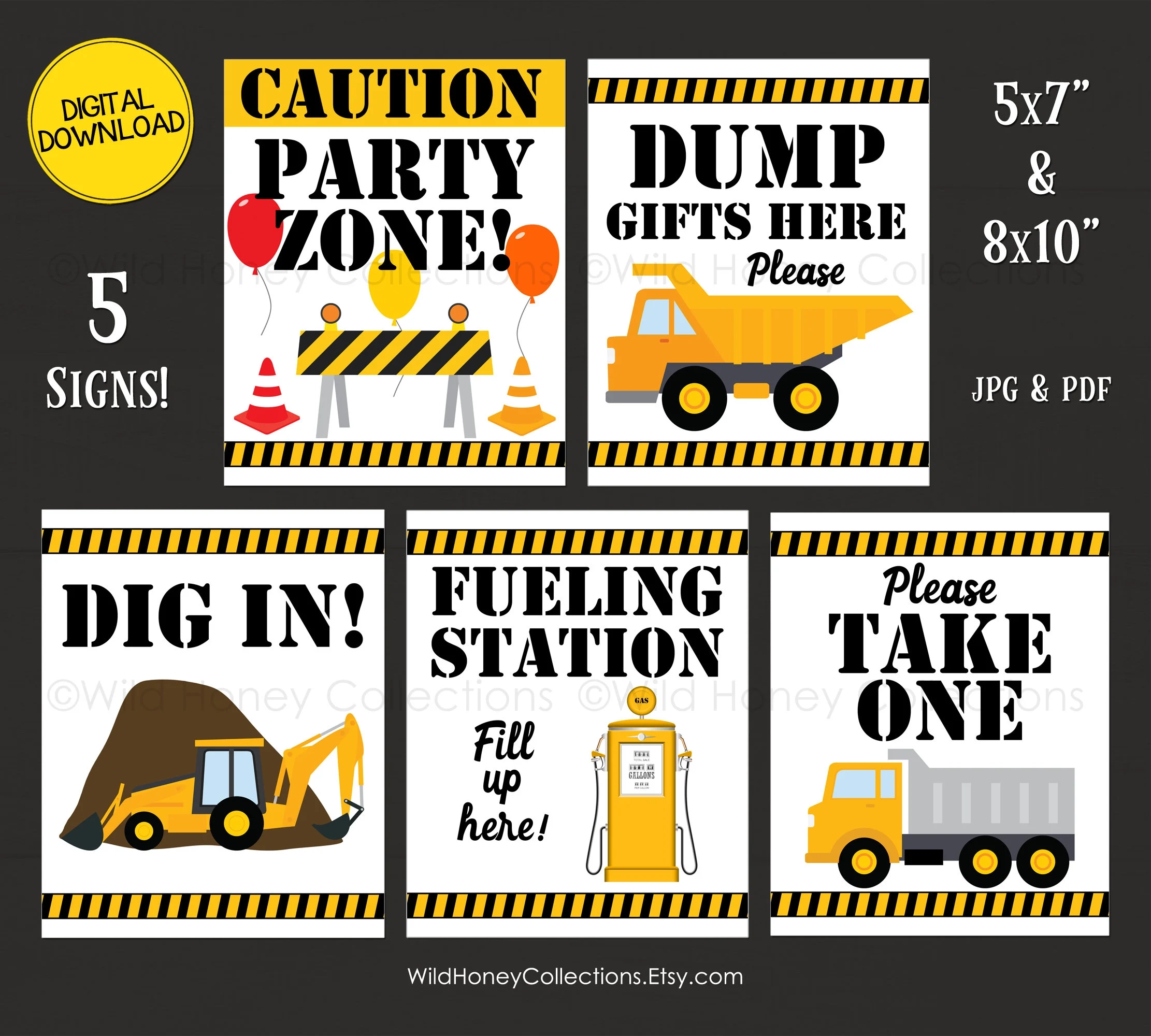 Printable Construction Signs Construction Birthday Party Printables Heavy Equipment INSTANT DIGITAL DOWNLOAD Etsy