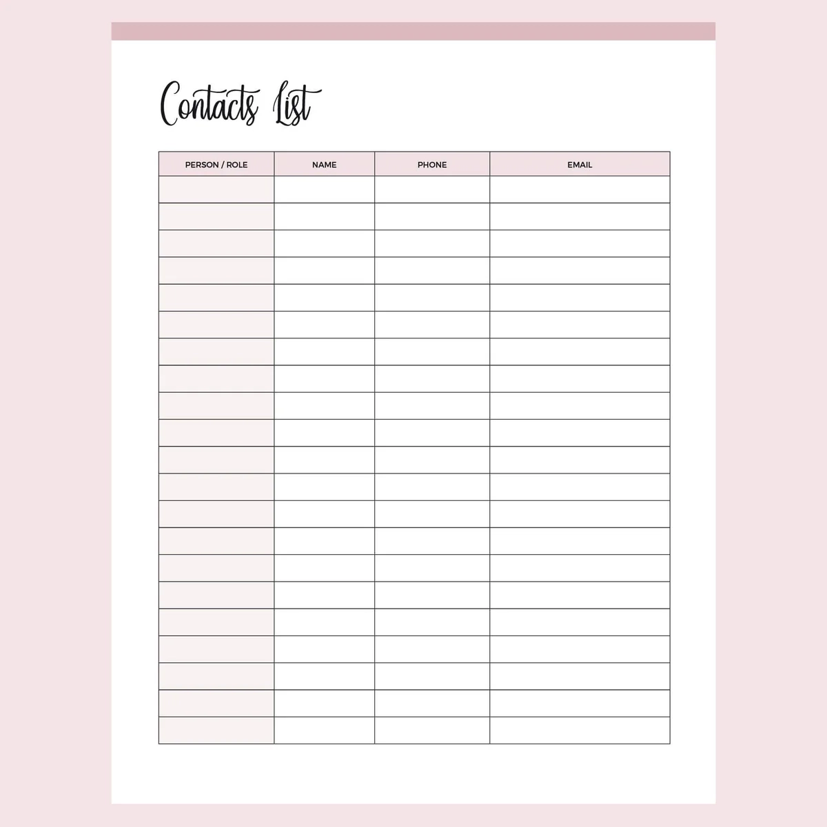 Printable Contact List Plan Print Land