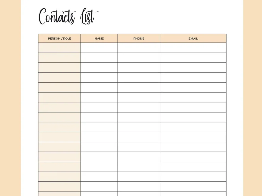 Printable Contact List Plan Print Land