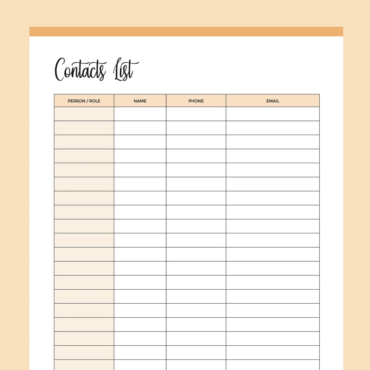 Printable Contact List Plan Print Land
