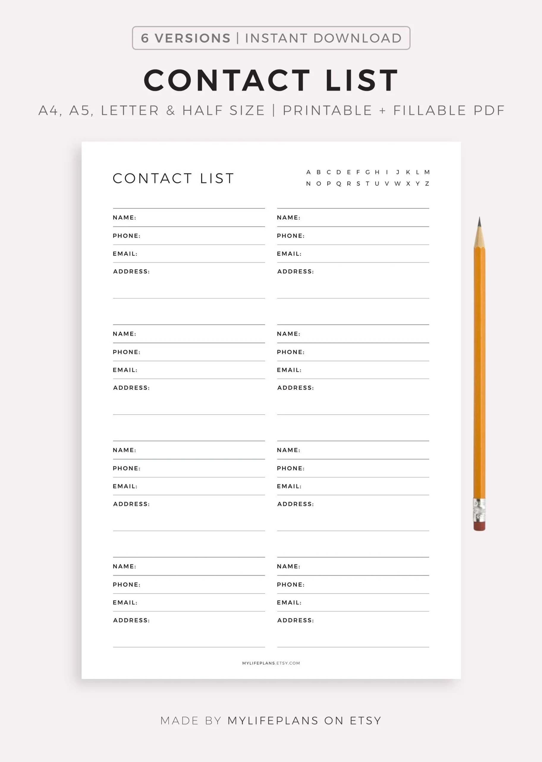 Printable Contacts List Contact Organizer Address Book Contact Information Planner Inserts A4 a5 letter half Size Instant Download PDF Etsy