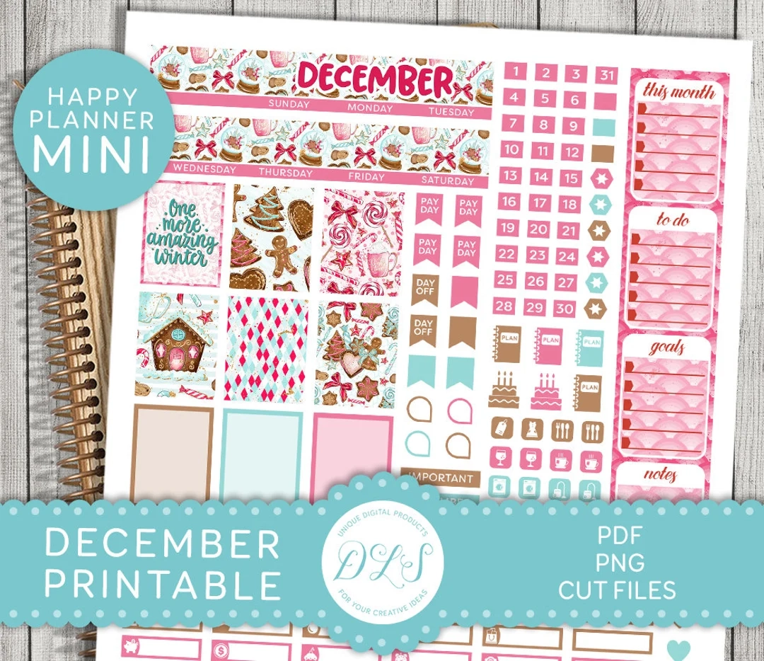 Printable DECEMBER Monthly Kit Mini Happy Planner December Planner Stickers December Monthly Printable Stickers Kit Cut Files MM179 Etsy