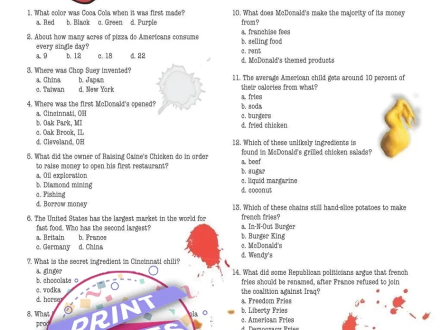 Printable Food Drinks Fast Food Trivia Party Game Print Games Now