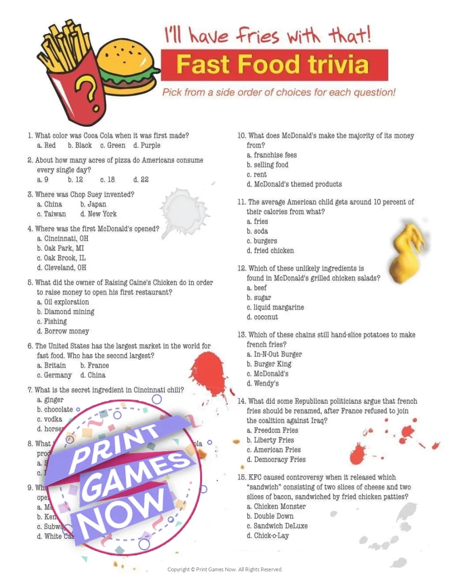Printable Food Drinks Fast Food Trivia Party Game Print Games Now