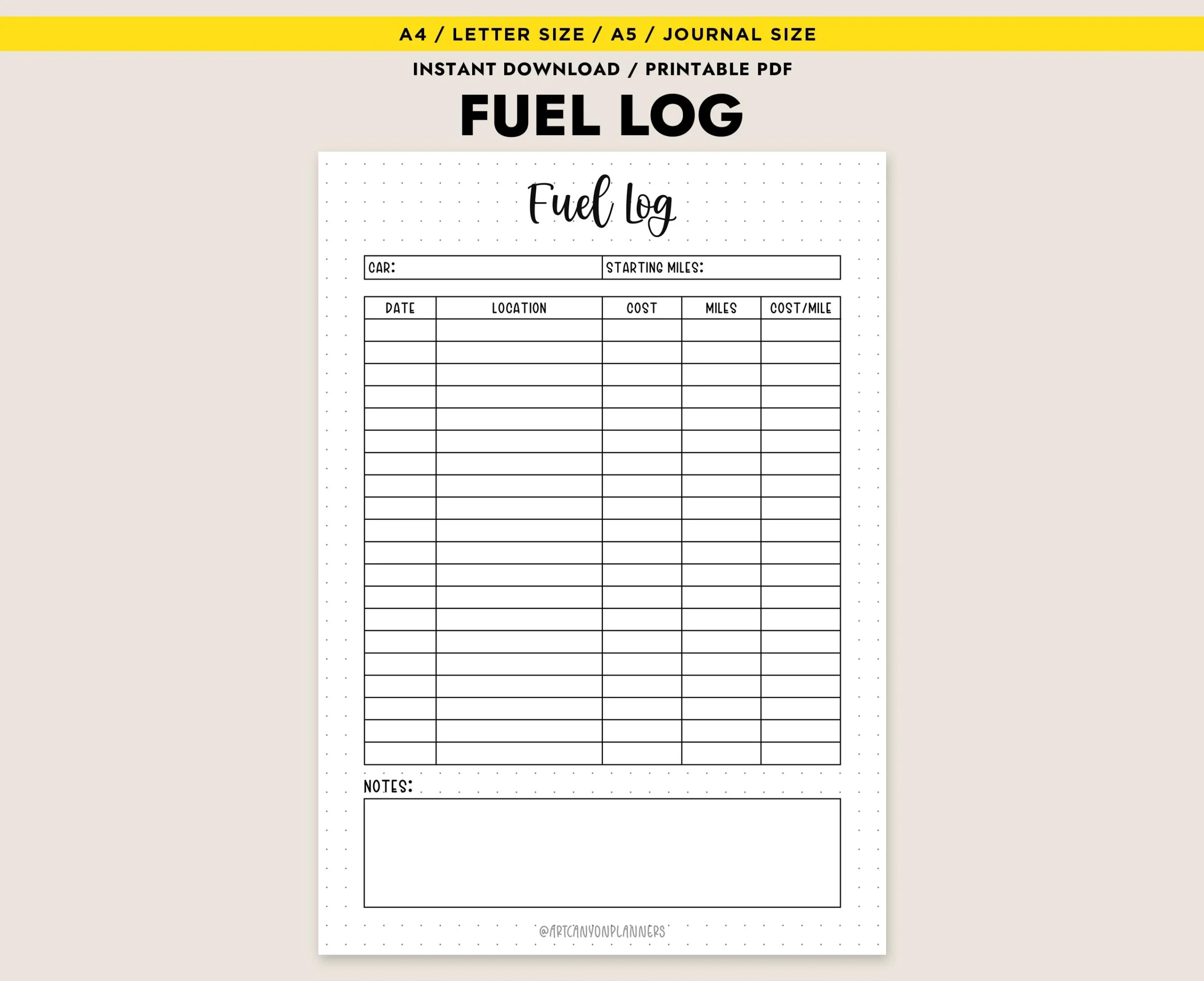 Printable Fuel Log A4 letter a5 Gas Mileage Tracker Car Maintenance Insert PDF Etsy