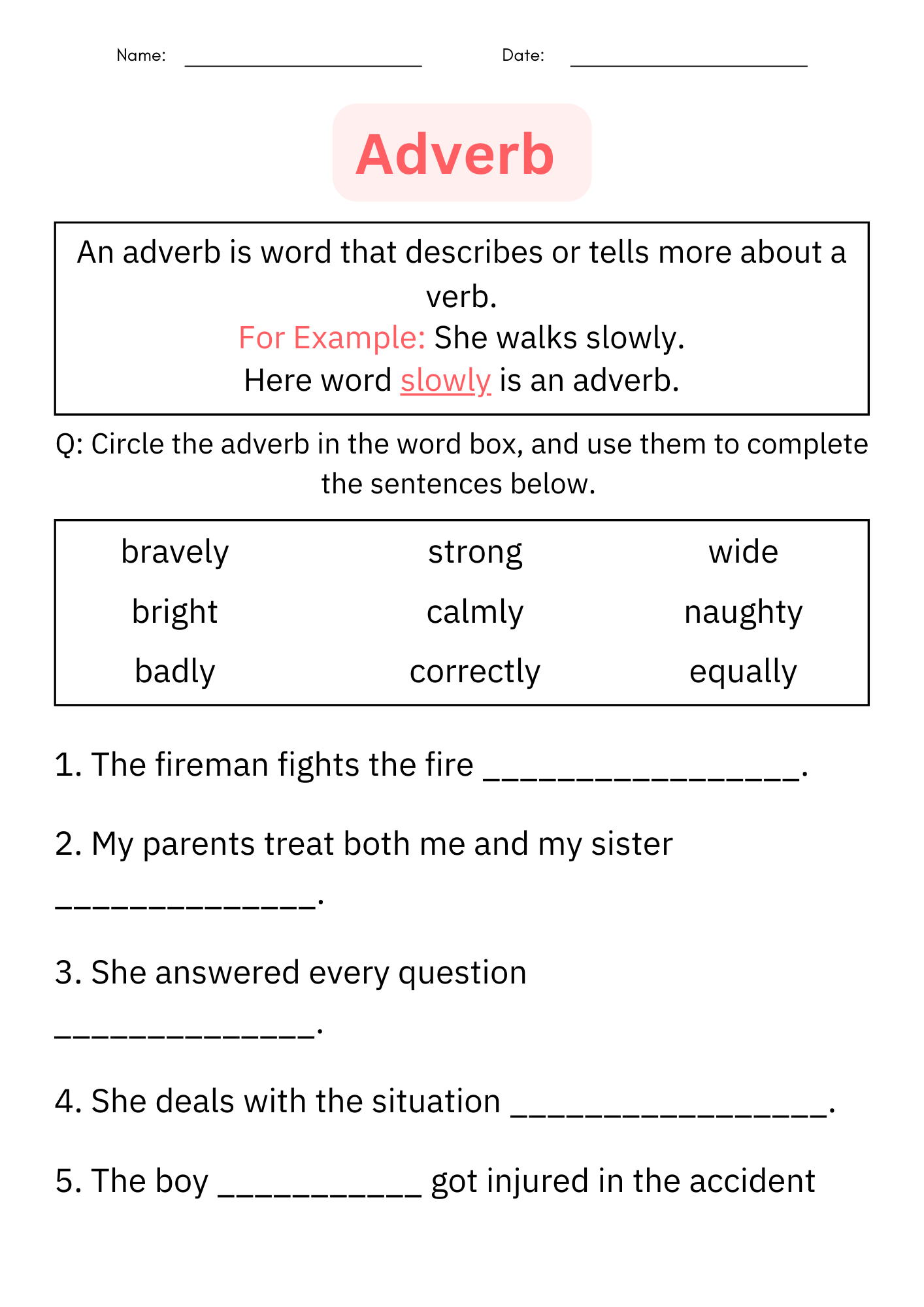 Adverb Quiz Printable First Grade