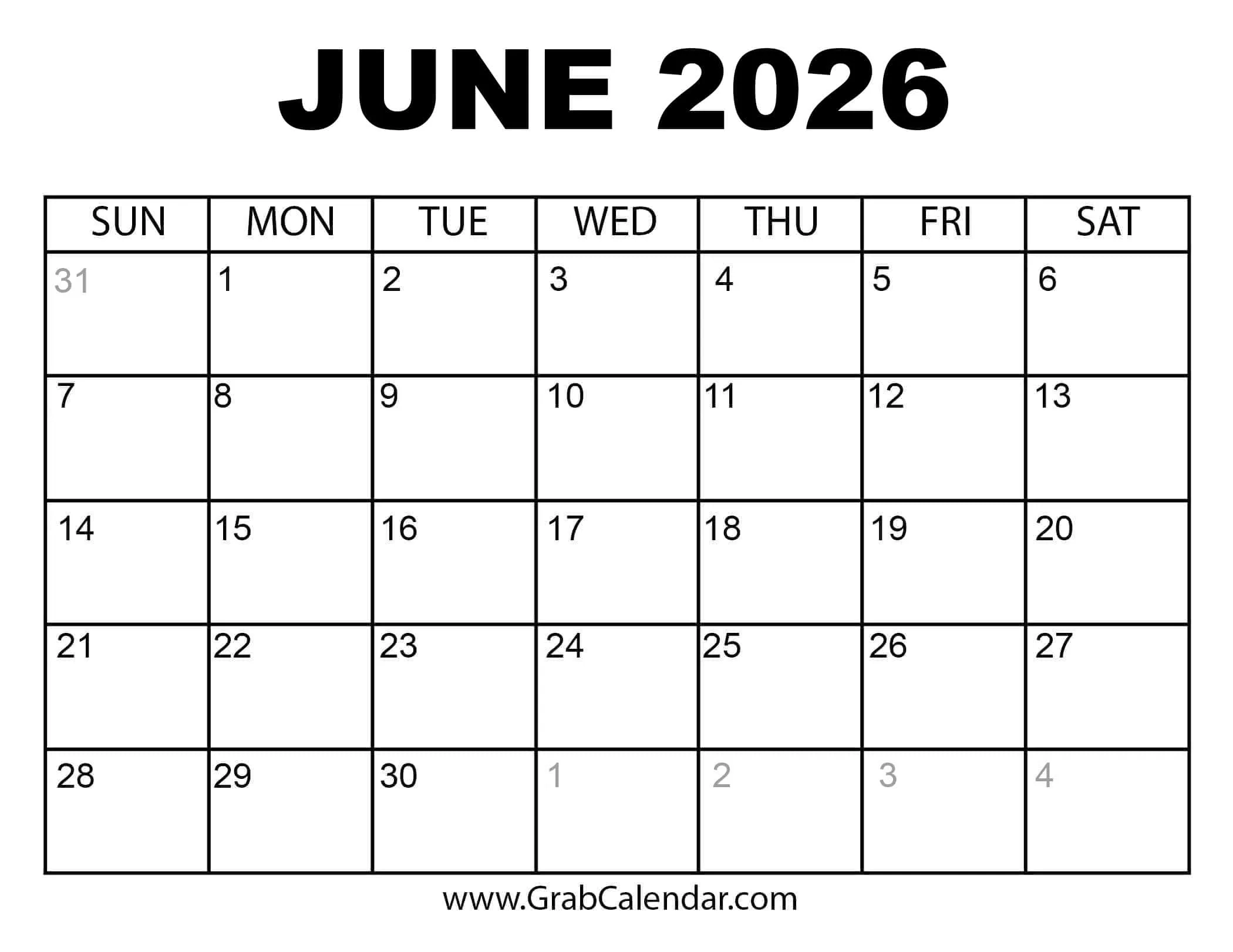 Printable June 2026 Calendar