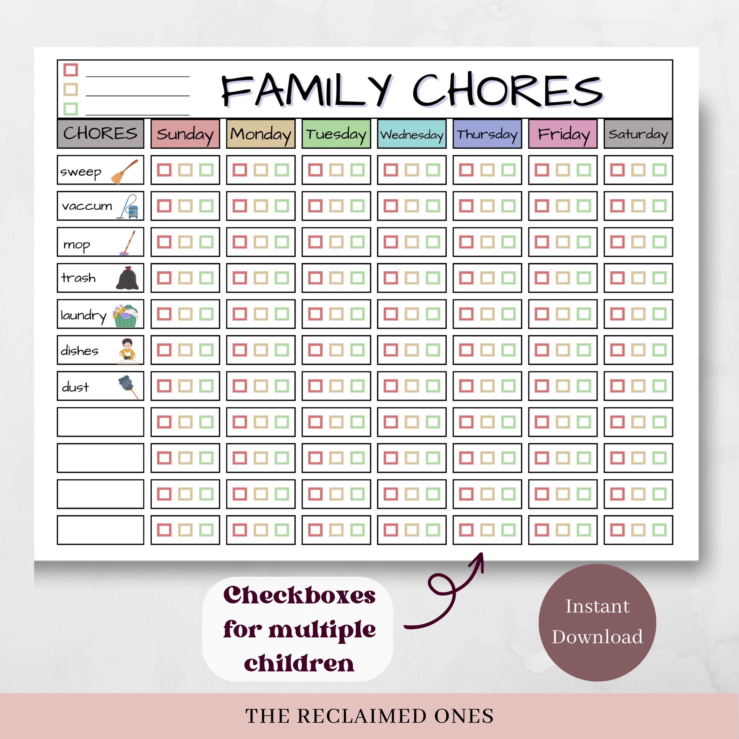 Printable Kids Chore Chart For Multiple Children Weekly Chore Charts Weekly Responsibility Checklists For 1 2 3 4 5 6 Kids Download Etsy