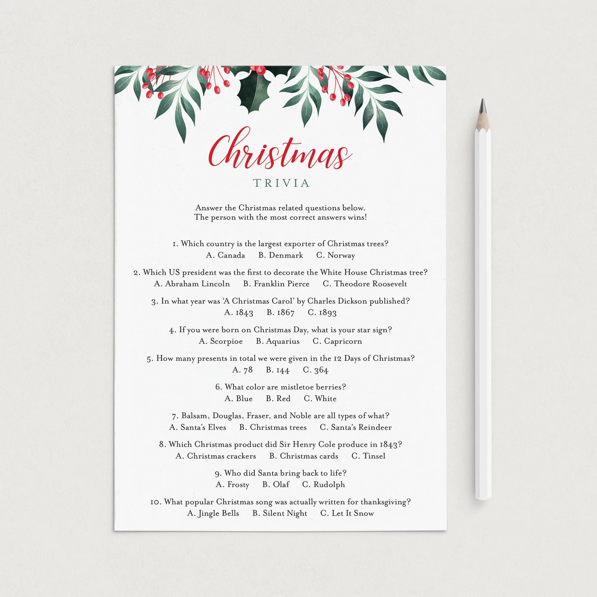 Multiple Choice Christmas Trivia Printable