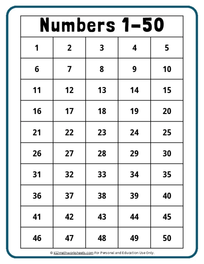 Free Printable Chart To 50