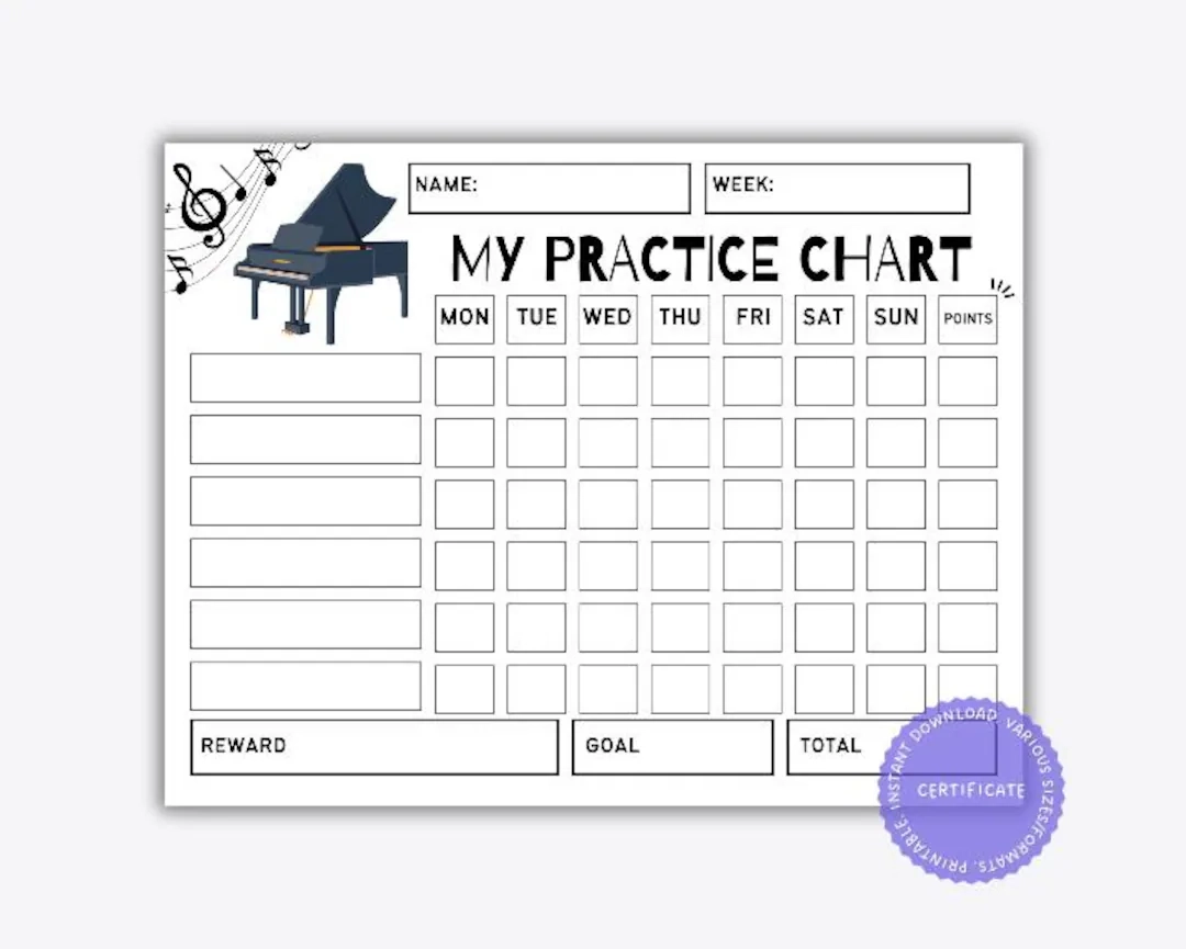 Printable Piano Practice Reward Chart Piano Practice Chart Reward Chart Music Practice Log Track Music Practice Progress Chart Etsy