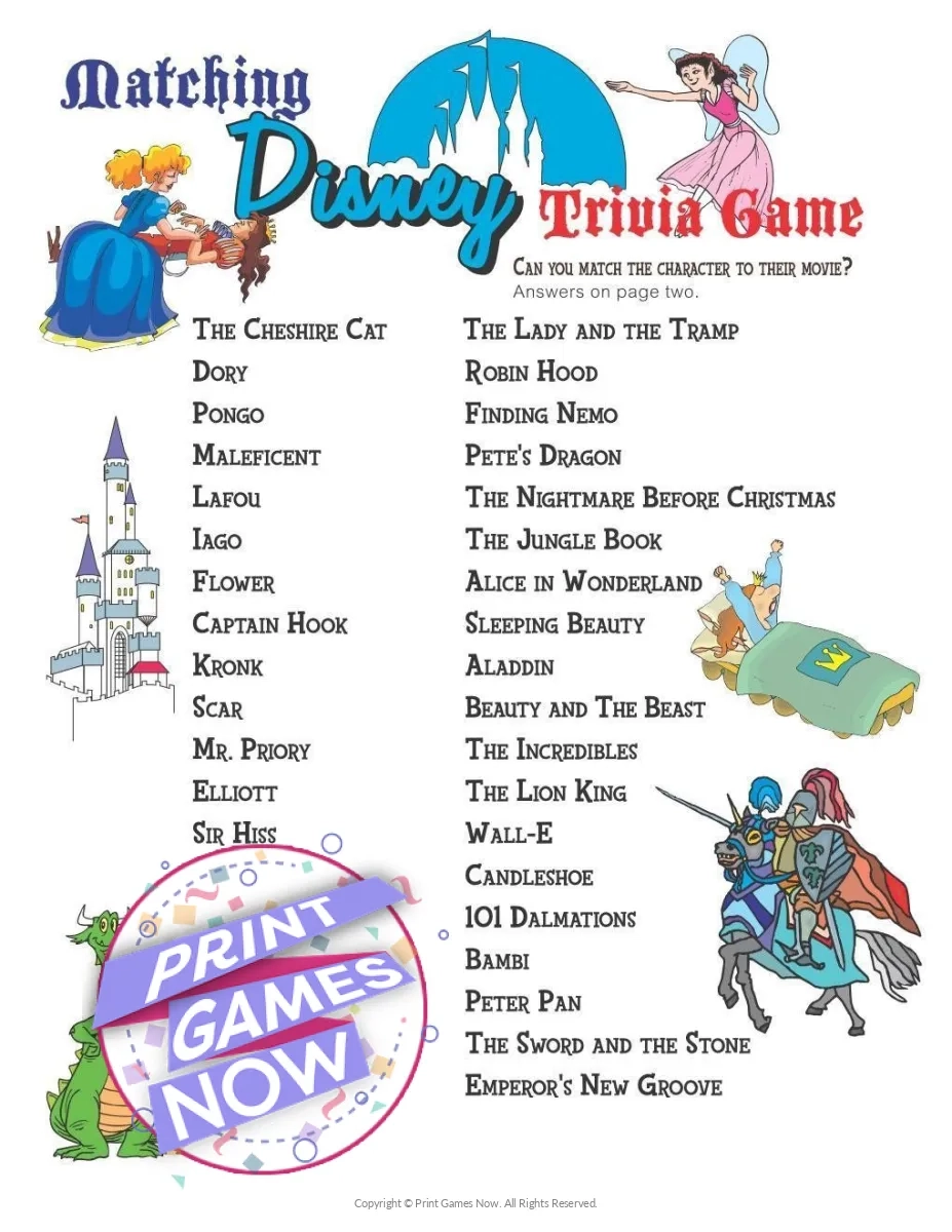 Printable Pop Culture Disney Trivia Party Game Print Games Now